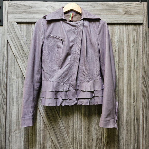 Pierotucci Lilac Vera Pelle 100% Leather Asymmetrical Zip Biker Jacket - Picture 15 of 16